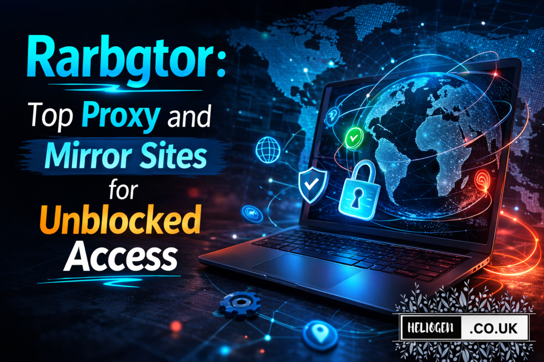 Rarbgtor proxy and mirror sites graphic showing secure laptop with global network and unblocked access concept.