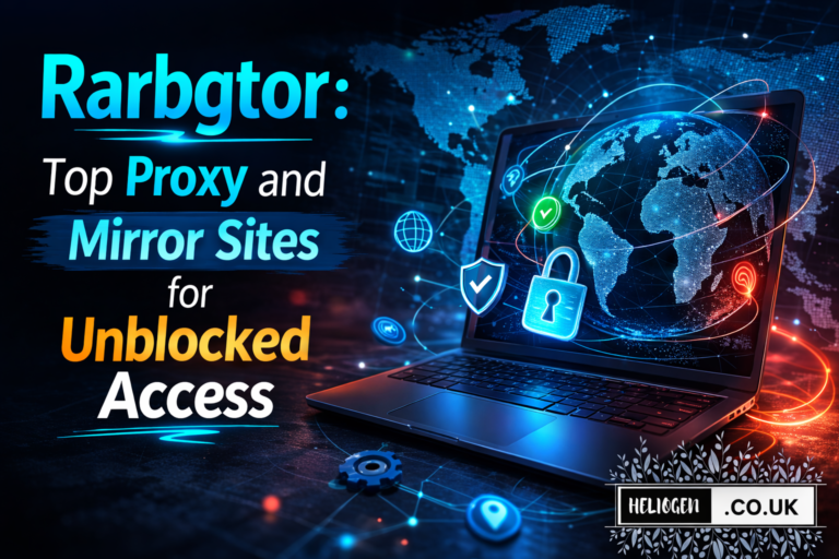 Rarbgtor proxy and mirror sites graphic showing secure laptop with global network and unblocked access concept.