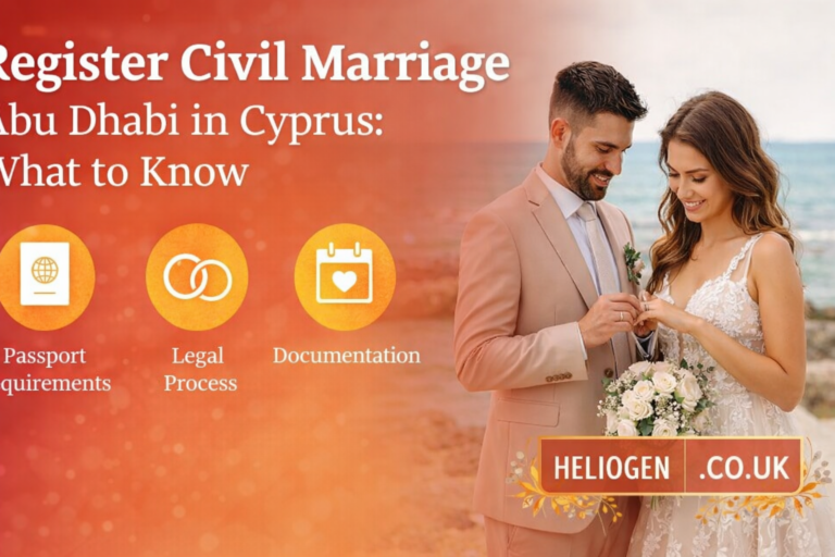 Register civil marriage Abu Dhabi in Cyprus guide with couple and legal process icons.