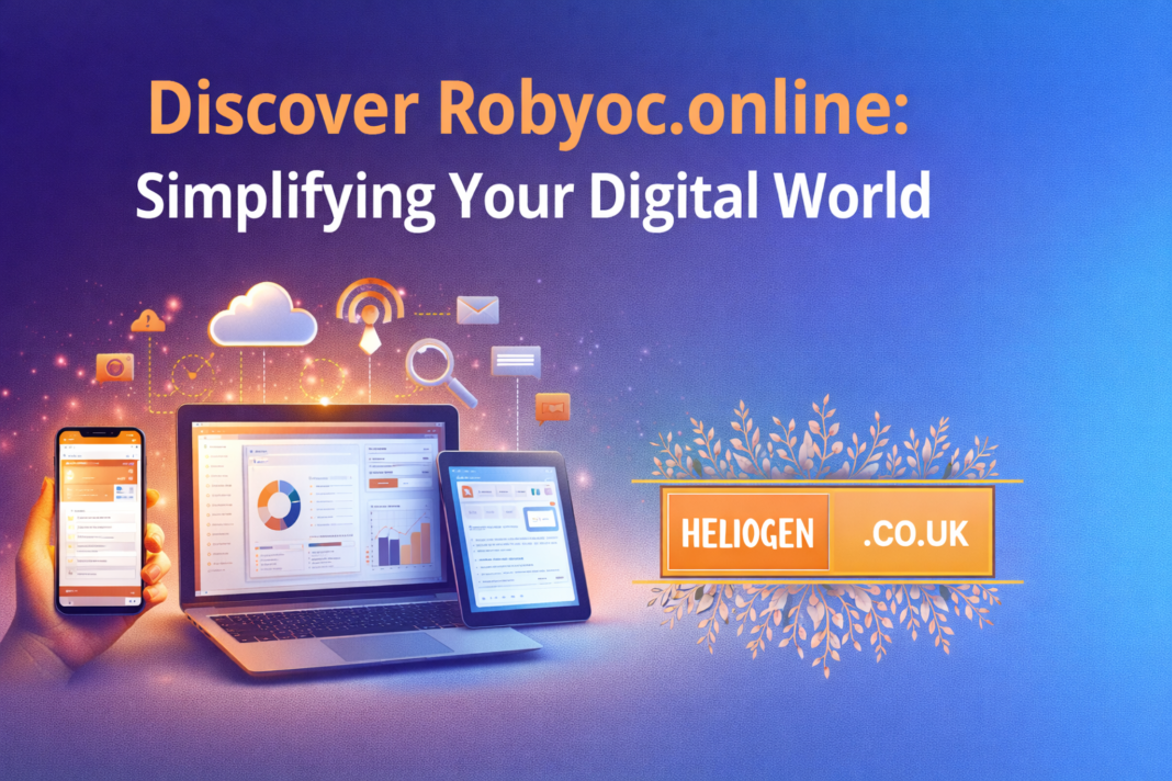 Robyoc.online digital platform displayed across smartphone, laptop, and tablet screens.