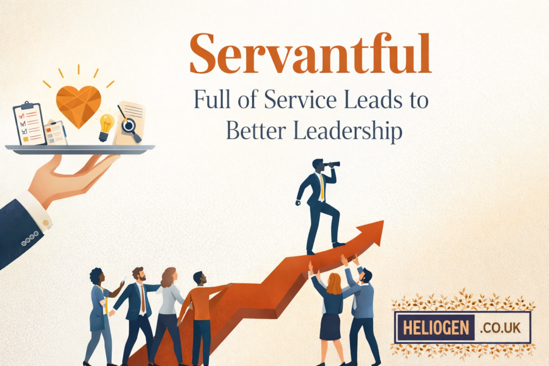 Servantful leadership concept showing a leader rising with team support and symbols of service and teamwork.
