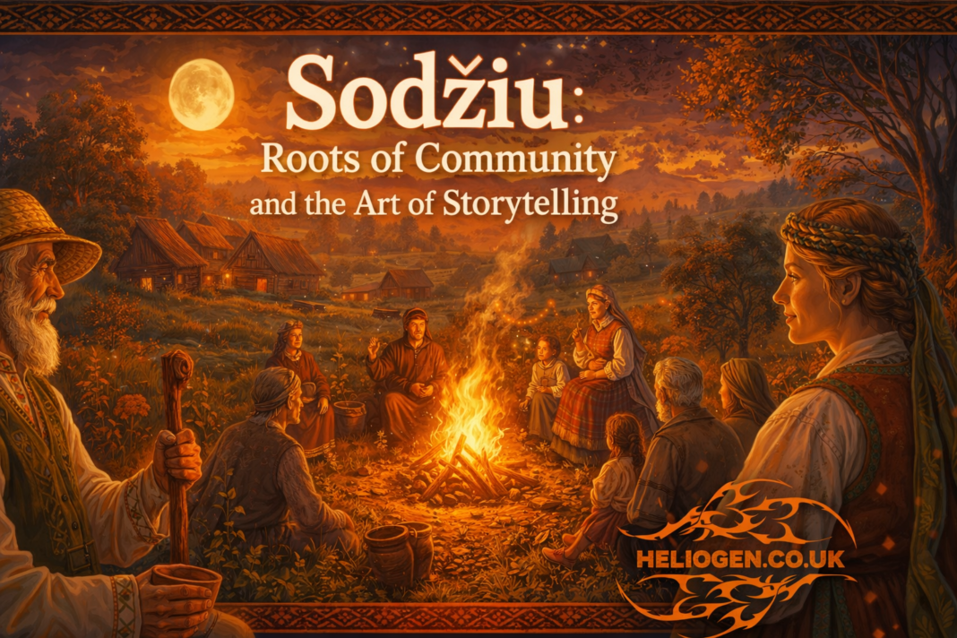 Sodziu community storytelling scene around a village bonfire at sunset