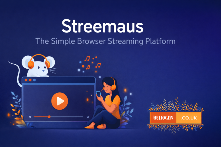 Streemaus browser streaming platform illustration with music player, mouse mascot, and user listening on headphones.
