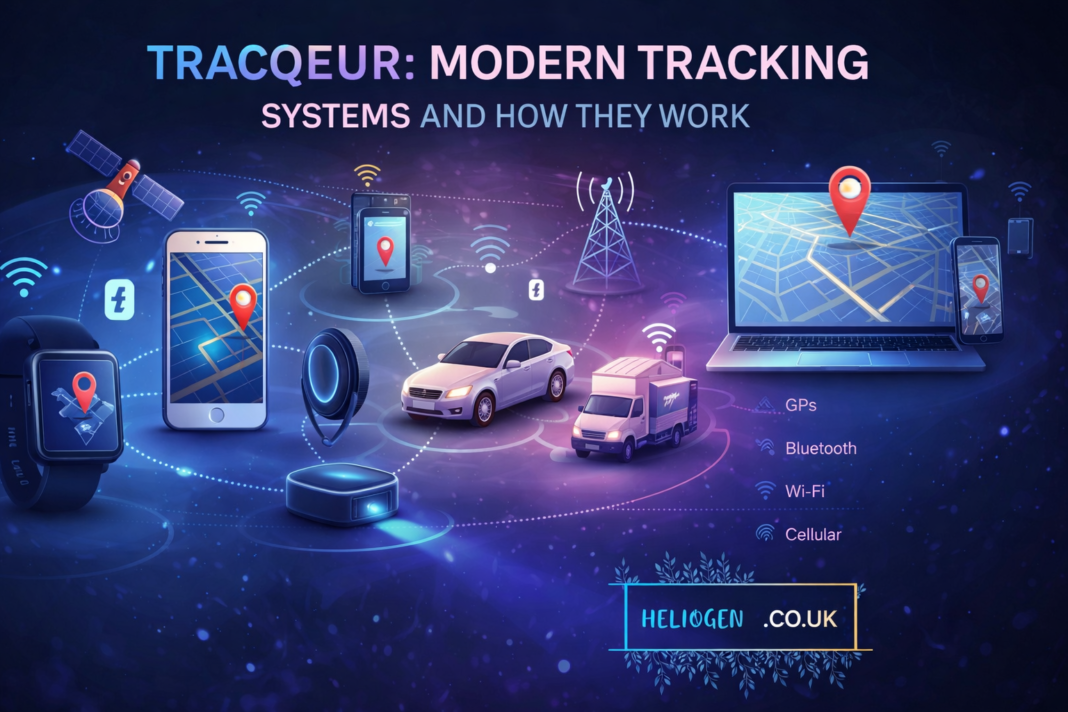 Tracqueur modern tracking system infographic showing GPS devices, smartphones, vehicles, and signal connections.