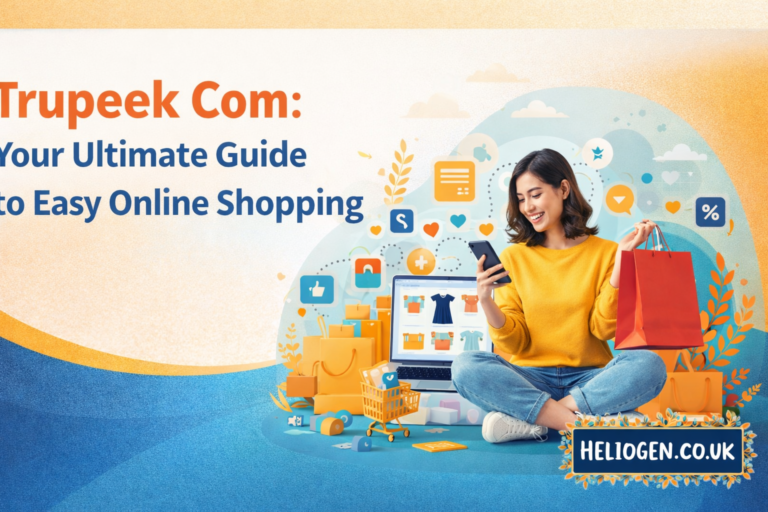 Trupeek Com online shopping guide with woman using smartphone and shopping bags