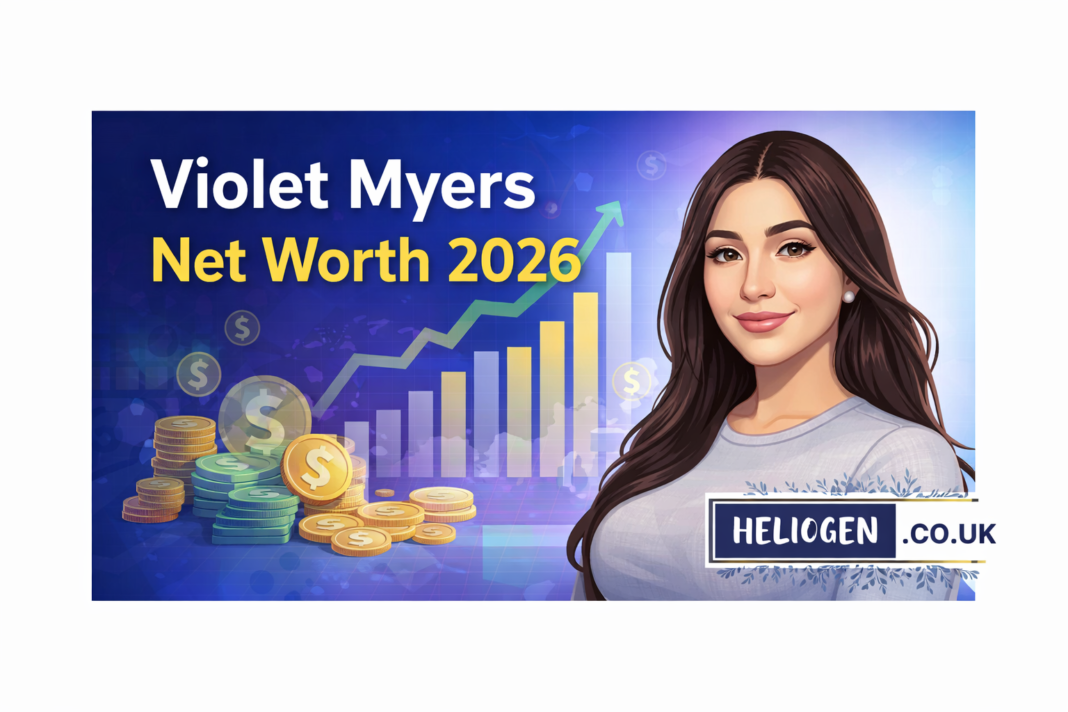 Violet Myers net worth 2026 illustration with financial growth chart and coins