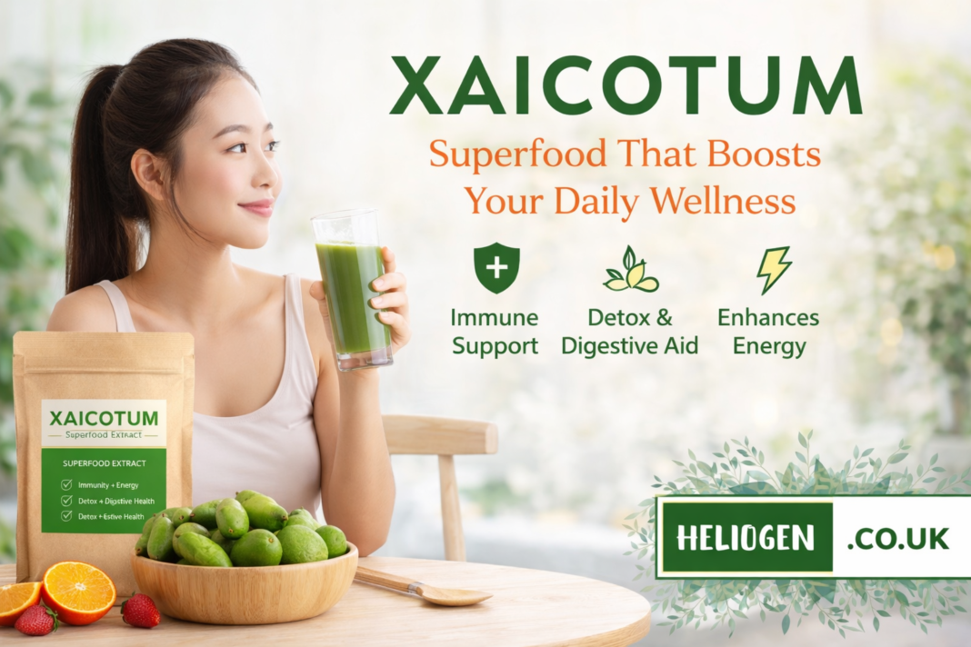 Xaicotum superfood extract with woman drinking green smoothie for daily wellness.