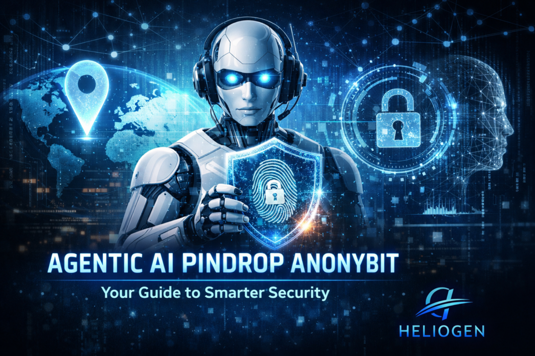 Agentic AI Pindrop Anonybit concept showing a futuristic robot with biometric fingerprint shield and digital security icons.