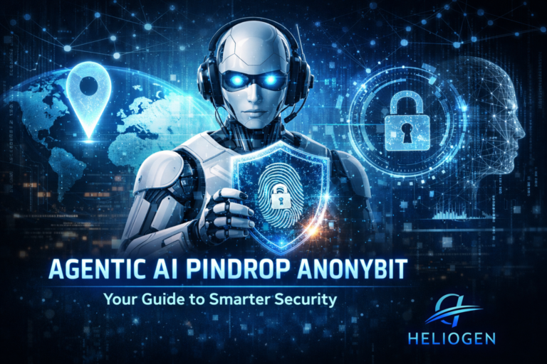 Agentic AI Pindrop Anonybit concept showing a futuristic robot with biometric fingerprint shield and digital security icons.