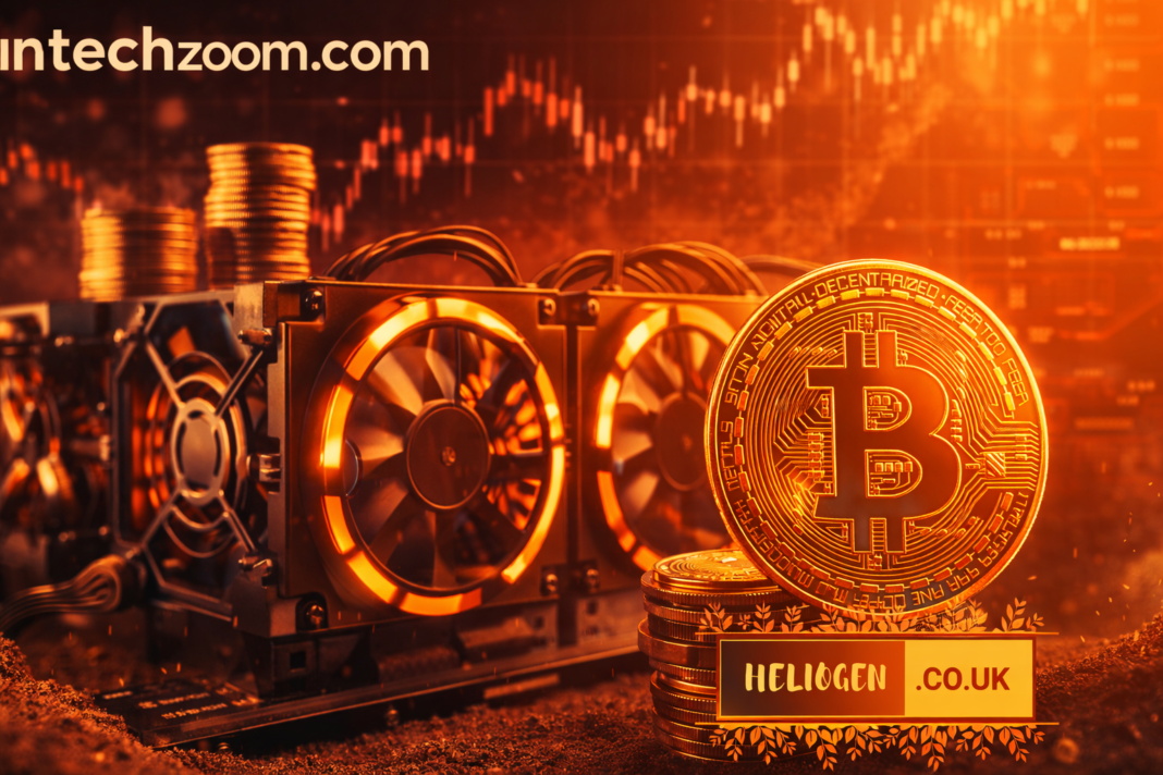 Bitcoin mining rigs and digital coin with fintechzoom.com branding.