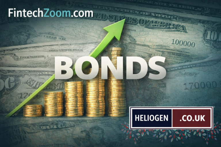 Rising gold coin stacks with green arrow and fintechzoom.com bonds theme.