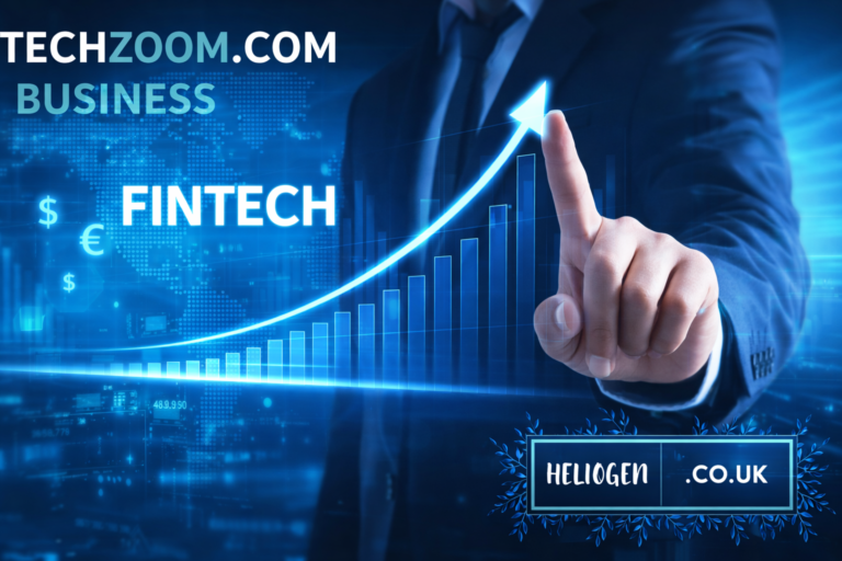 Businessman pointing at rising digital chart with fintechzoom.com business theme.