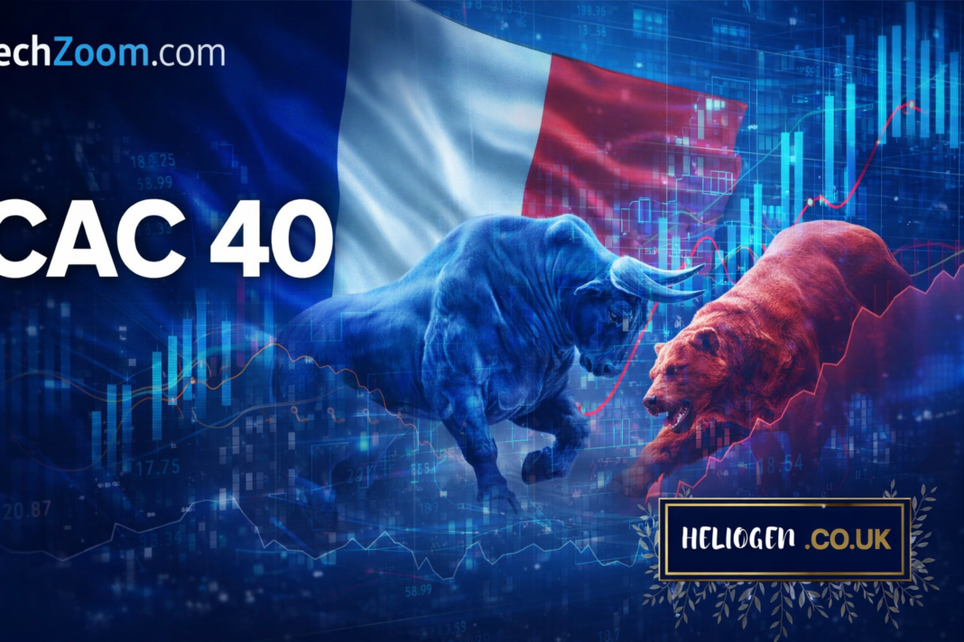 Fintechzoom.com CAC 40 graphic with French flag and bull vs bear stock market concept.