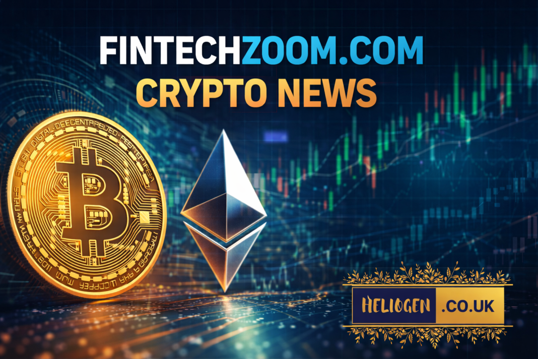 FintechZoom.com crypto news banner featuring Bitcoin and Ethereum with market charts background