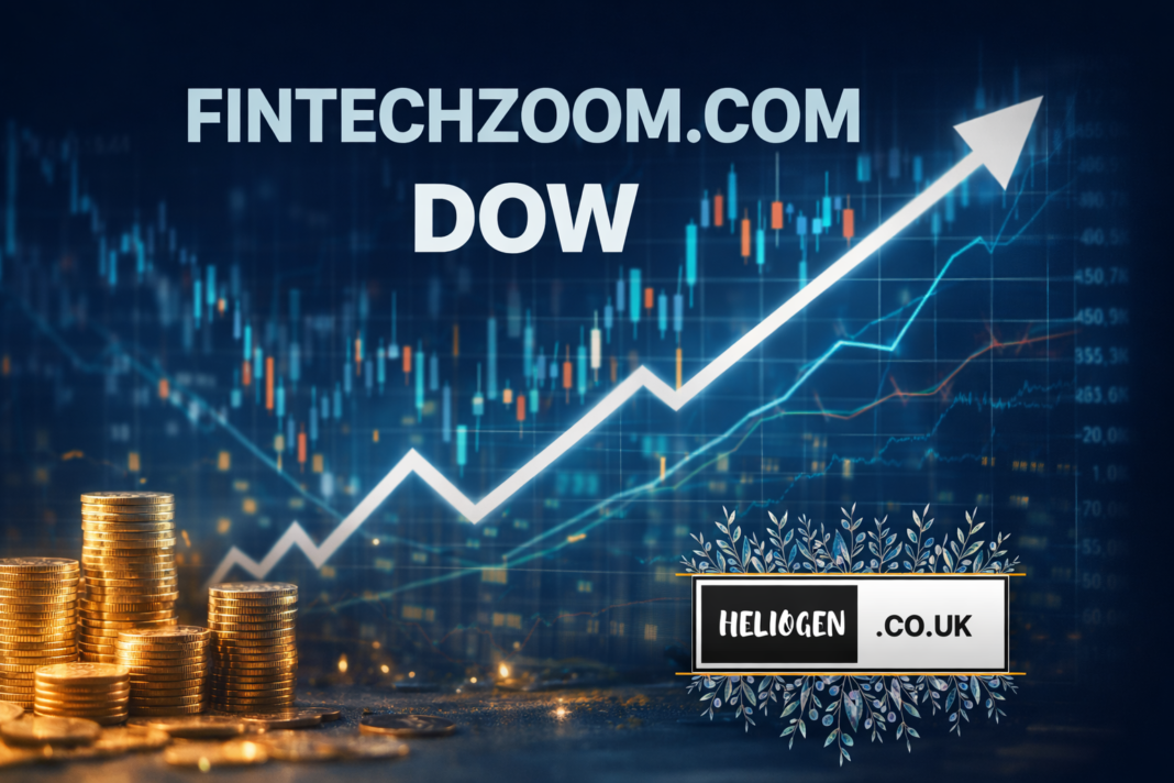 Fintechzoom.com Dow image with rising stock chart and stacked gold coins.