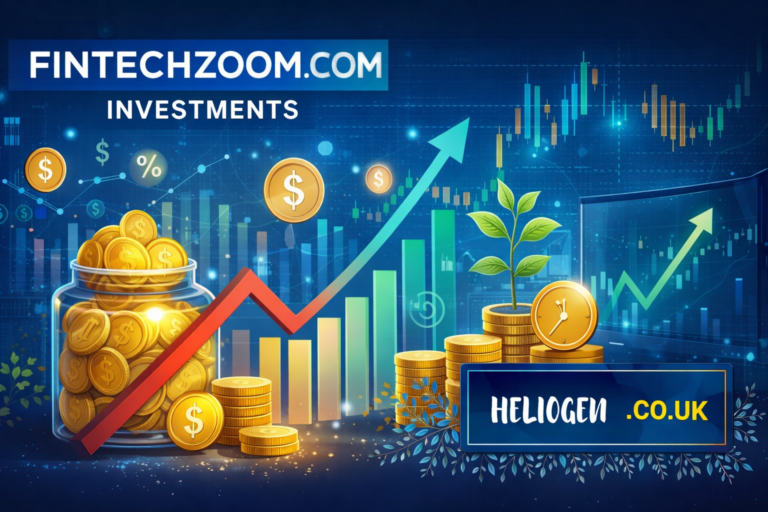 Fintechzoom.com investments graphic with rising chart, gold coins, and growth plant.