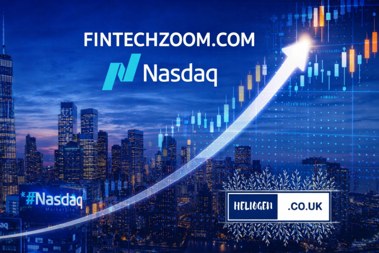FintechZoom.com Nasdaq banner with rising stock chart and city skyline at night.