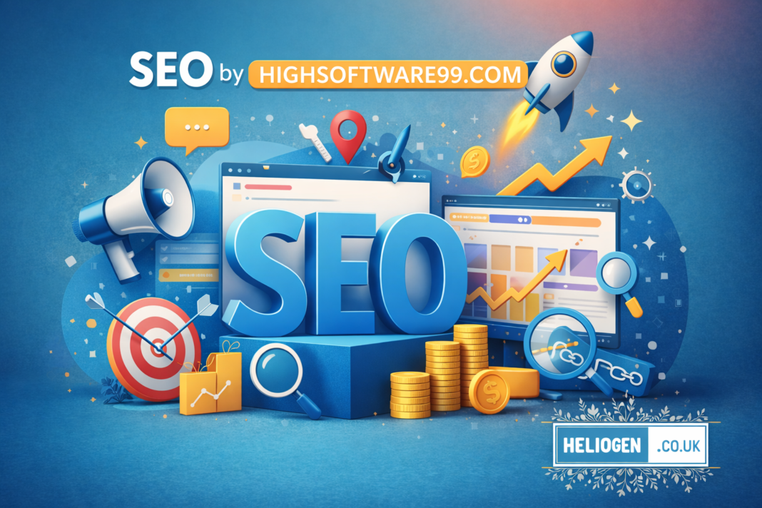 SEO by HighSoftware99.com illustration with growth charts, rocket launch, target board, and digital marketing icons.