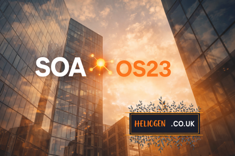 SOA OS23 digital network concept over modern office buildings at sunset