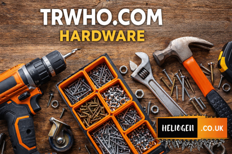 TRWHO.com Hardware tools display with drill, hammer, wrench, and screws on wooden table.