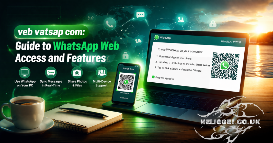 veb vatsap com guide showing WhatsApp Web login with QR code on laptop screen
