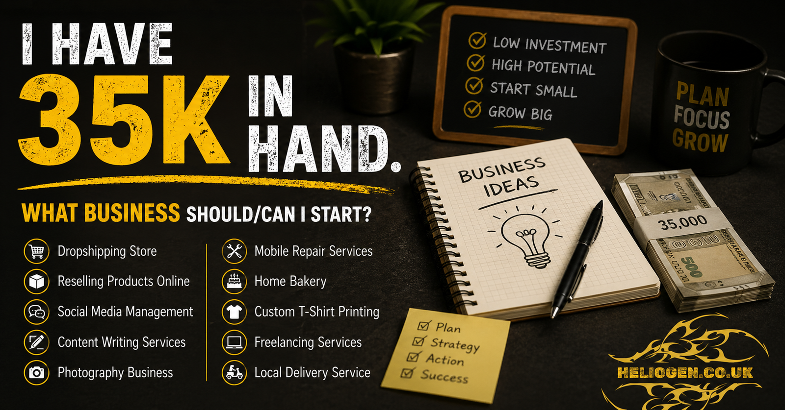 35k in hand business ideas banner with low-investment startup options