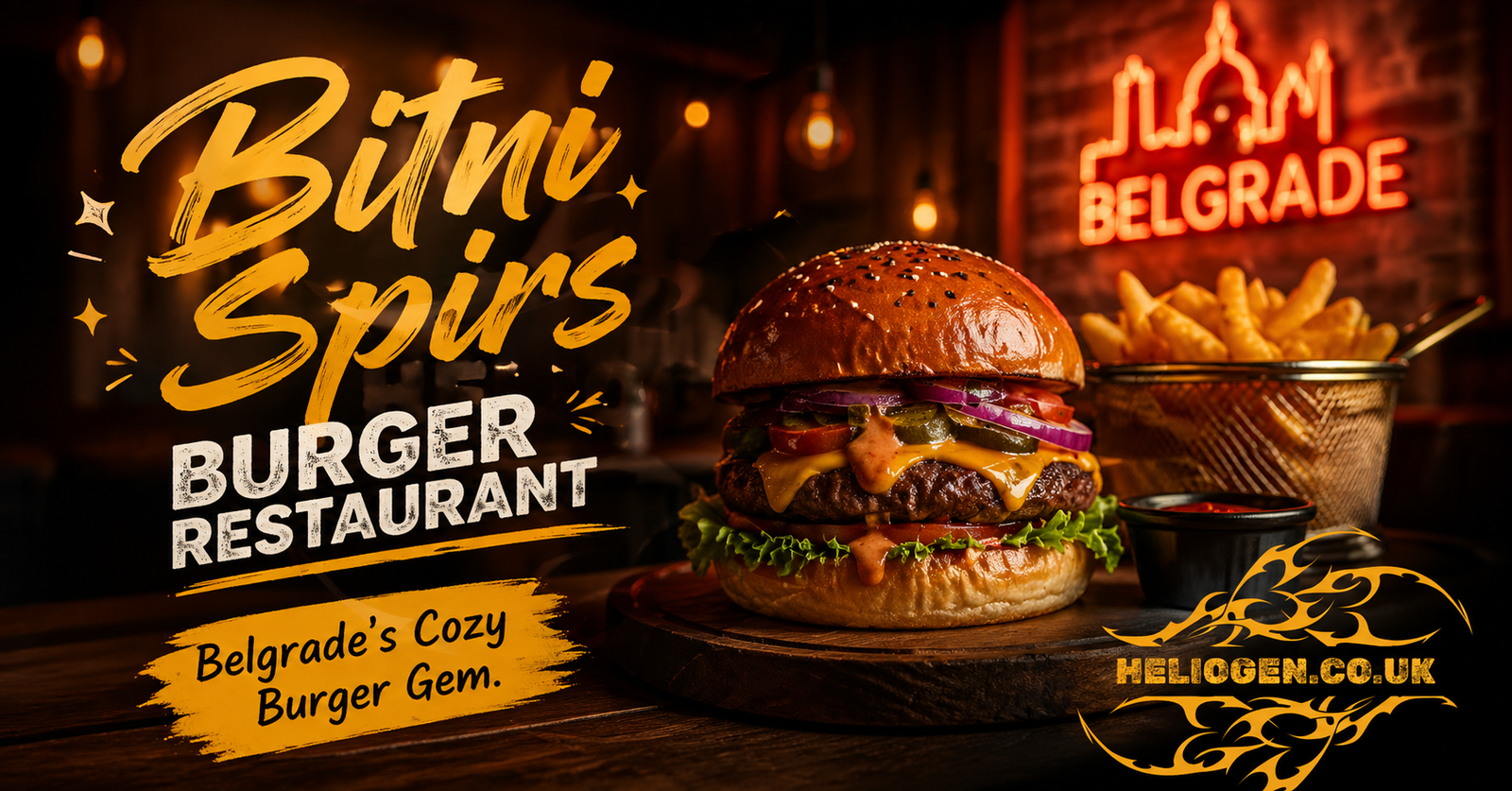 Bitni Spirs Burger Restaurant cozy burger with fries in Belgrade ambiance
