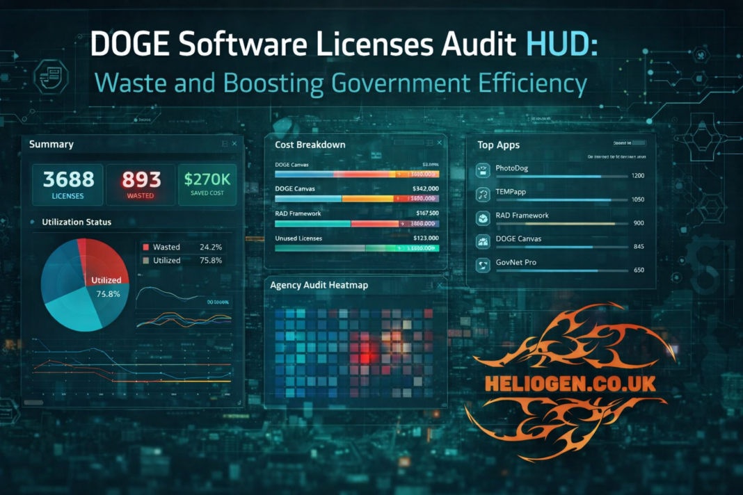 DOGE Software Licenses Audit HUD dashboard showing waste reduction and government efficiency metrics