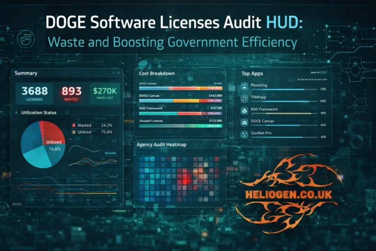 DOGE Software Licenses Audit HUD dashboard showing waste reduction and government efficiency metrics