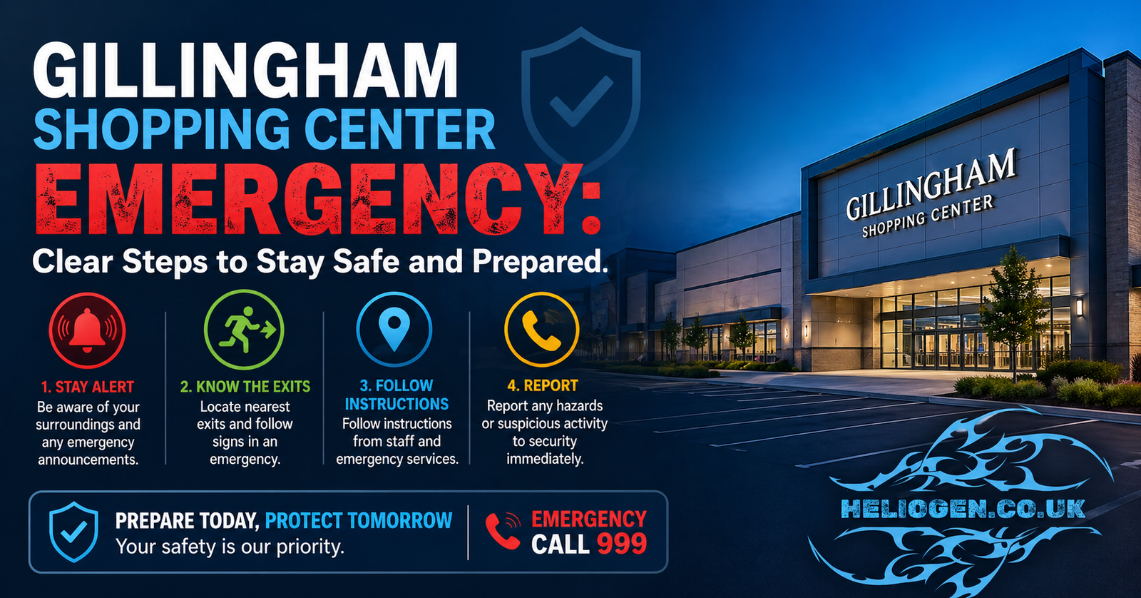 Gillingham Shopping Center emergency safety steps poster with clear instructions