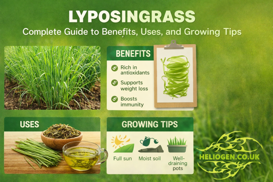 Lyposingrass infographic showing benefits, uses, and growing tips