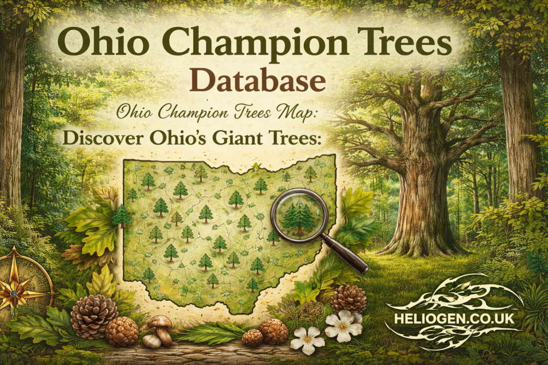 Ohio Champion Trees Database map with giant trees illustration and forest background