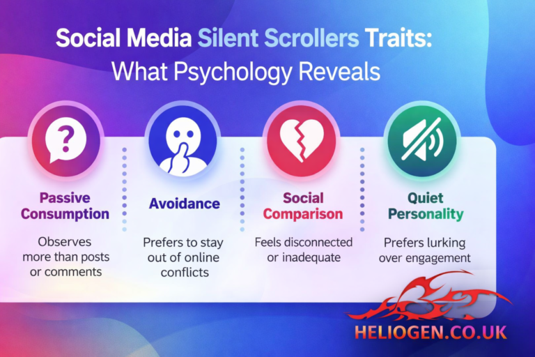 Infographic explaining key traits of social media silent scrollers, including passive consumption, avoidance, social comparison, and quiet personality