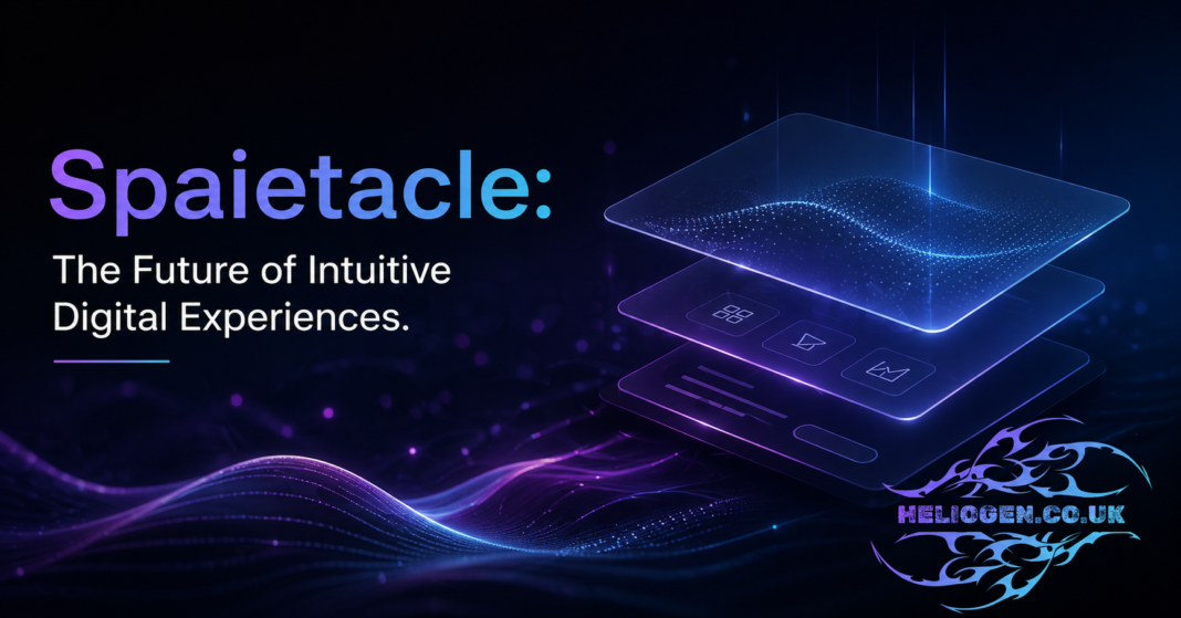 Spaietacle futuristic digital interface banner with glowing UI layers and neon waves