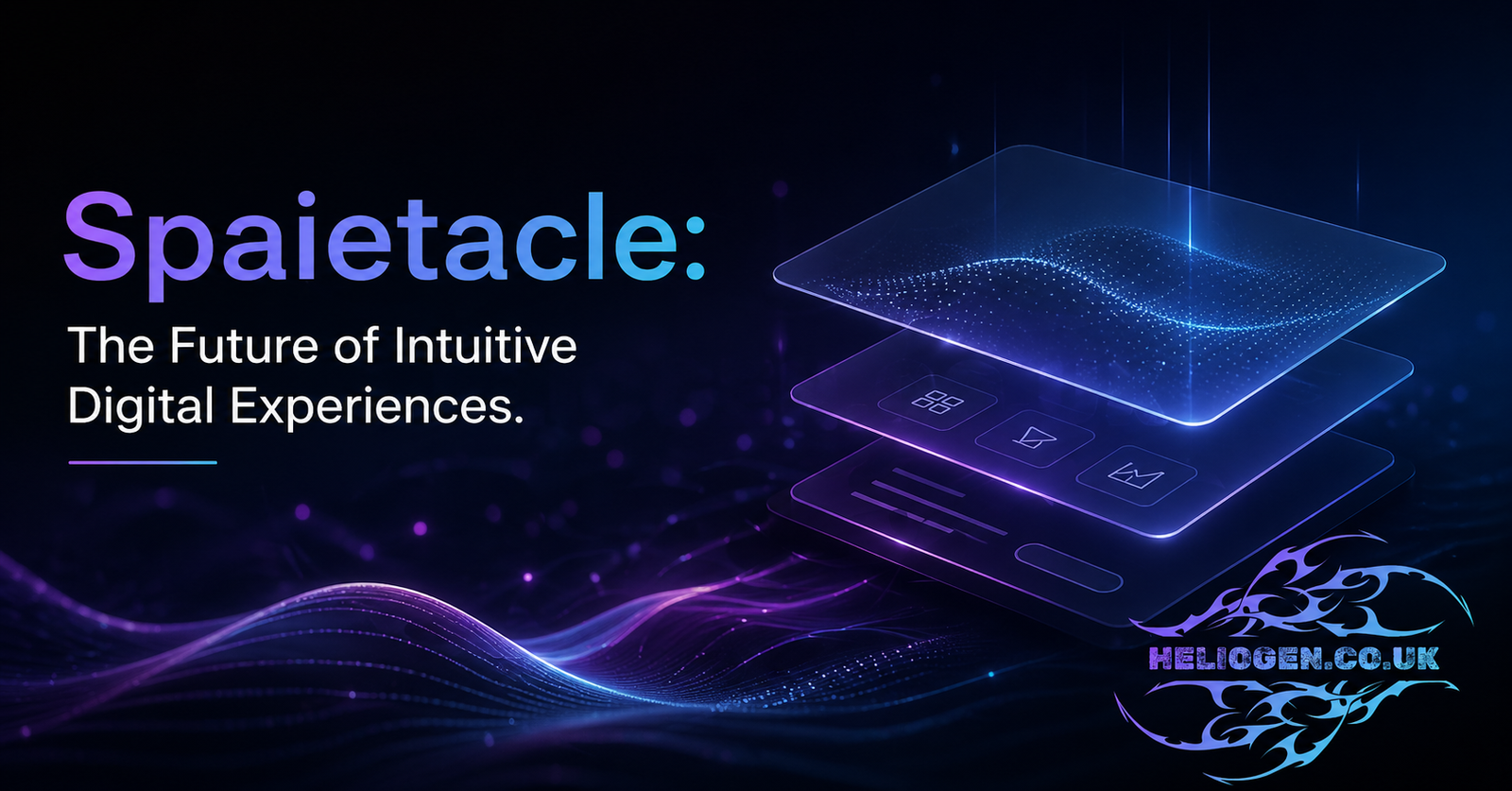 Spaietacle futuristic digital interface banner with glowing UI layers and neon waves