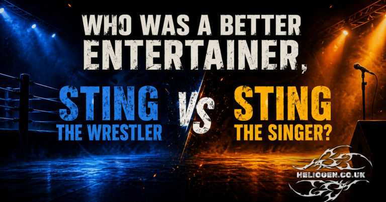 Sting wrestler vs Sting singer comparison graphic with wrestling ring and concert stage