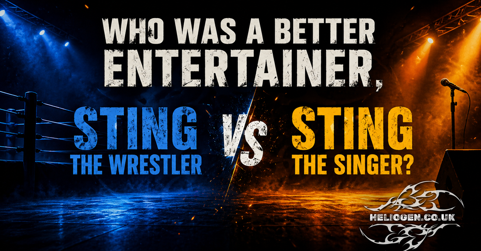 Sting wrestler vs Sting singer comparison graphic with wrestling ring and concert stage