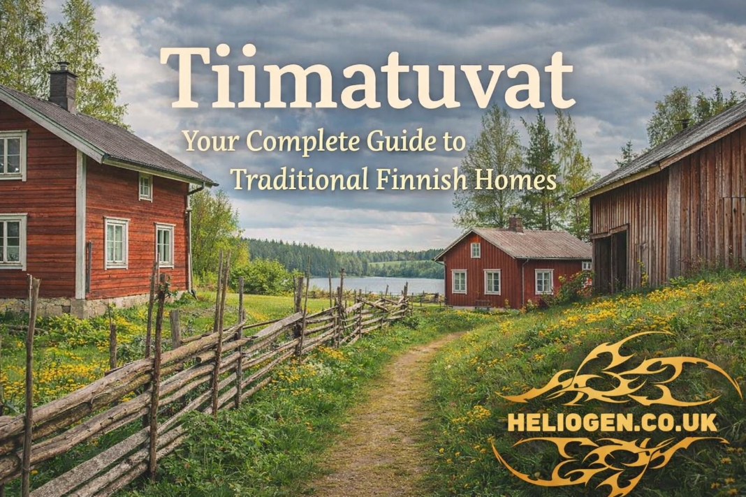 Traditional Finnish tiimatuvat houses in scenic countryside with guide title