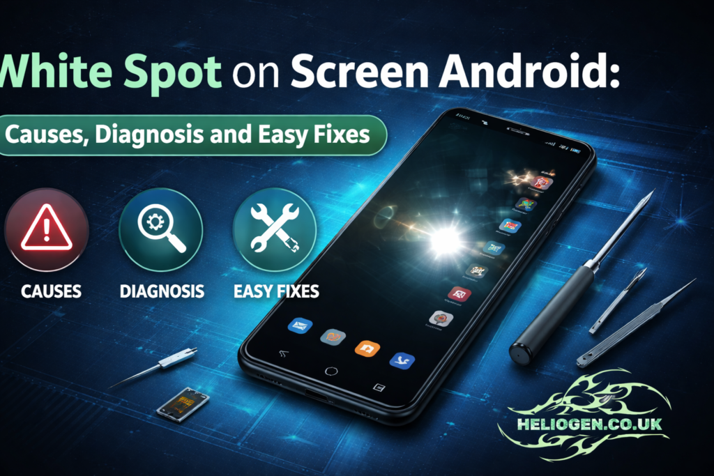 Android phone screen showing a bright white spot with icons highlighting causes, diagnosis, and fixes.