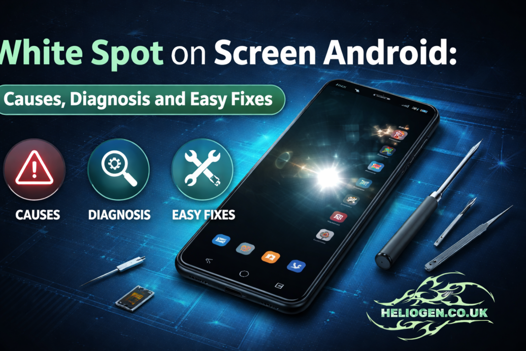 Android phone screen showing a bright white spot with icons highlighting causes, diagnosis, and fixes.
