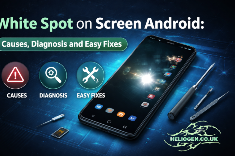 Android phone screen showing a bright white spot with icons highlighting causes, diagnosis, and fixes.