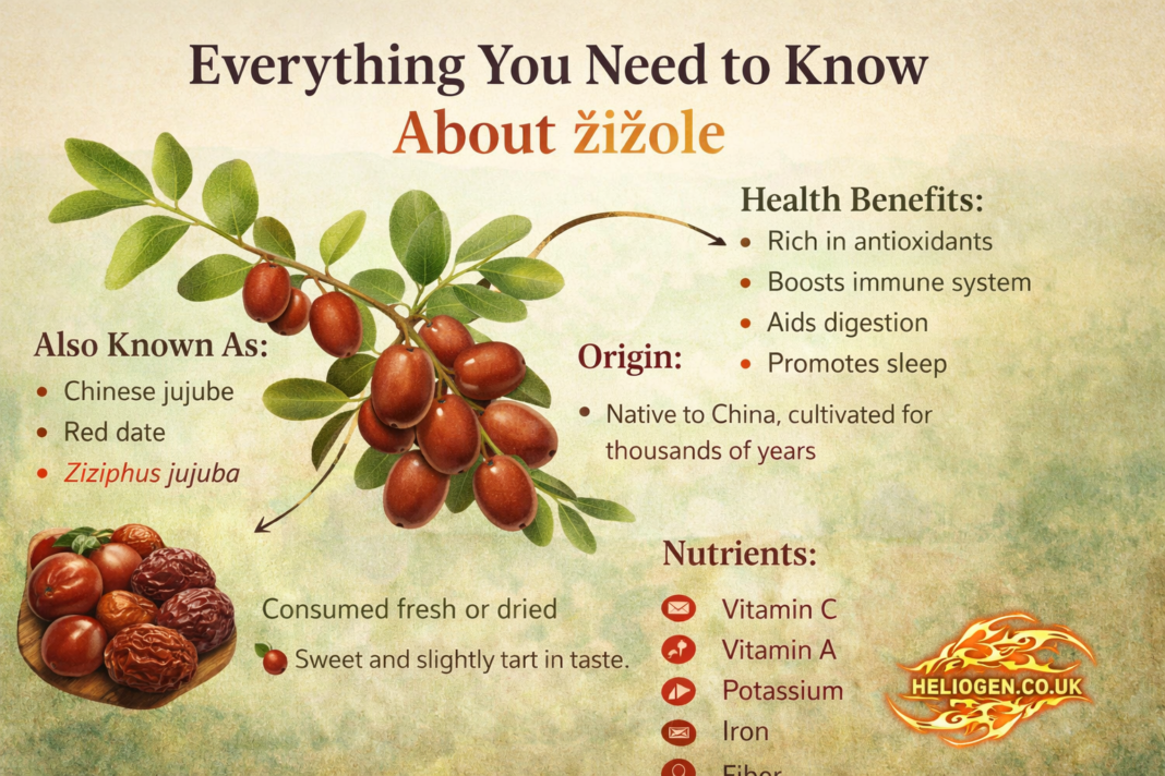 Infographic about žižole fruit showing benefits, origin, and nutrients
